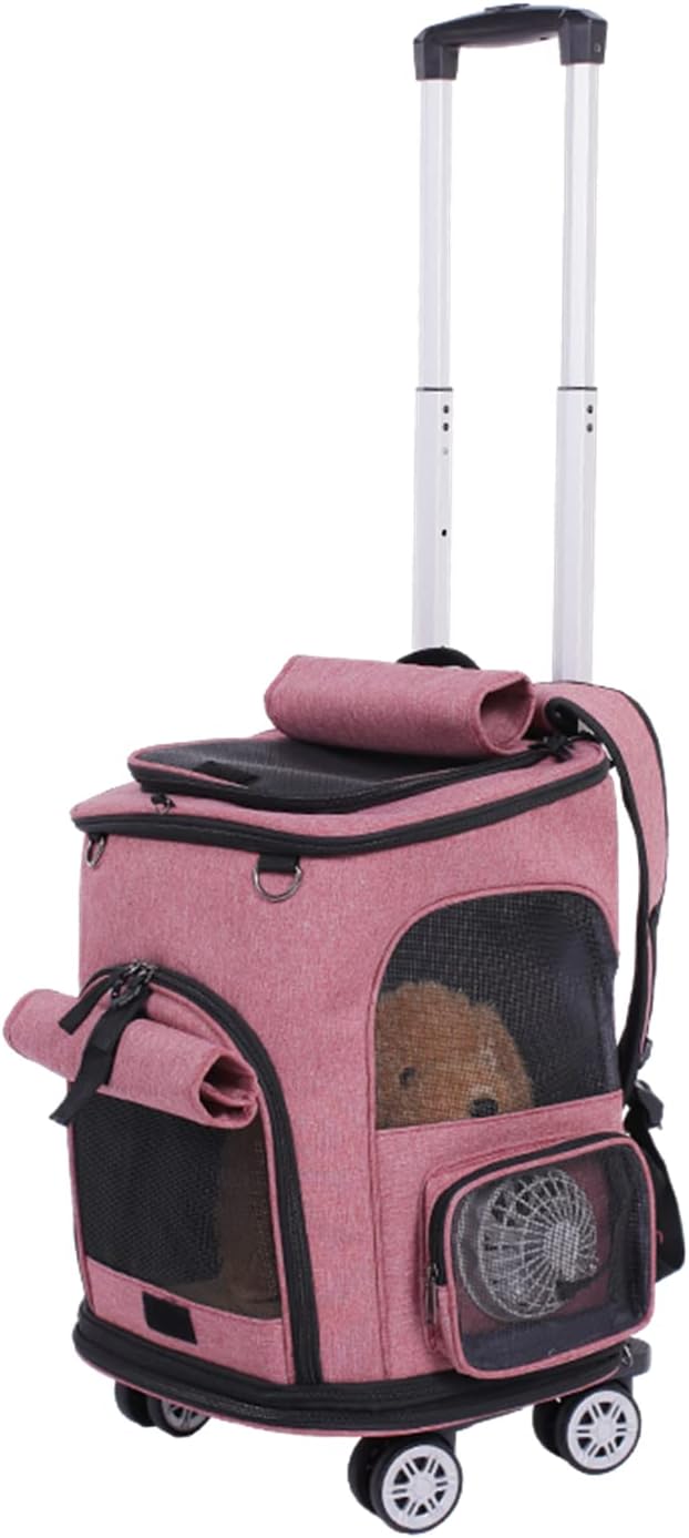 Falytemow Cat Carrier Backpack with Wheels Puppy Carrying Bag with Breathable Mesh and Fan Collapsible Pet Cages on Rolling Trolley with Removable Base and Telescopic Handle for Small Pets Under 18lb