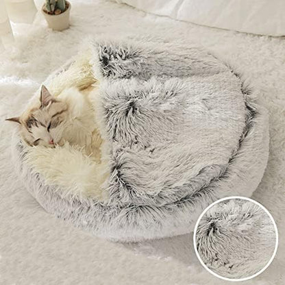 Cat Bed Round Fluffy Hooded Cat Bed Cave