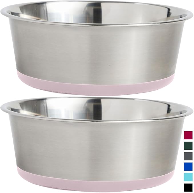 Gorilla Grip Stainless Steel Metal Dog Bowl Set of 2, Rubber Base, Heavy Duty Feeding Dishes, Food Grade BPA Free, Less Sliding, Quiet Pet Bowls for Cats and Dogs, Holds 2 Cups (16 fl oz), Lt Pink