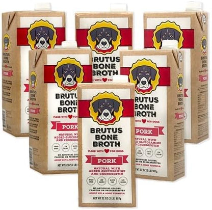 Brutus Bone Broth for Dogs | All Natural | Made in USA | Glucosamine & Chondroitin for Healthy Joints | Human Grade Ingredients | Hydrating Dog Food Topper, Gravy & Treat (Pork, 6-Pack)