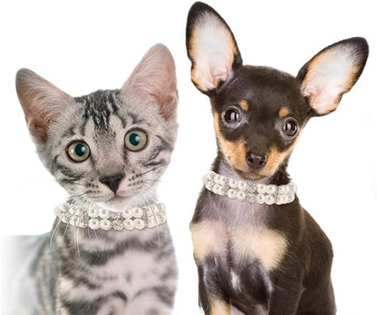 Pearl Small Dog Collar, Pearl Cat Collar PU Leather Girls Dogs Necklace with Crystal Diamond Rhinestone Jewlled for Female Puppy Kitten XS Small Medium Dogs Wedding & Birthday Gift (White,S)