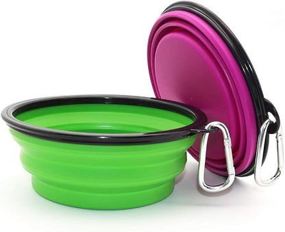 Dog Bowl Pet Collapsible Bowls, 2 Pack Collapsible Dog Water Bowls for Cats Dogs, Portable Pet Feeding Watering Dish for Walking Parking Traveling with 2 Carabiners (Large, Green+Purple)