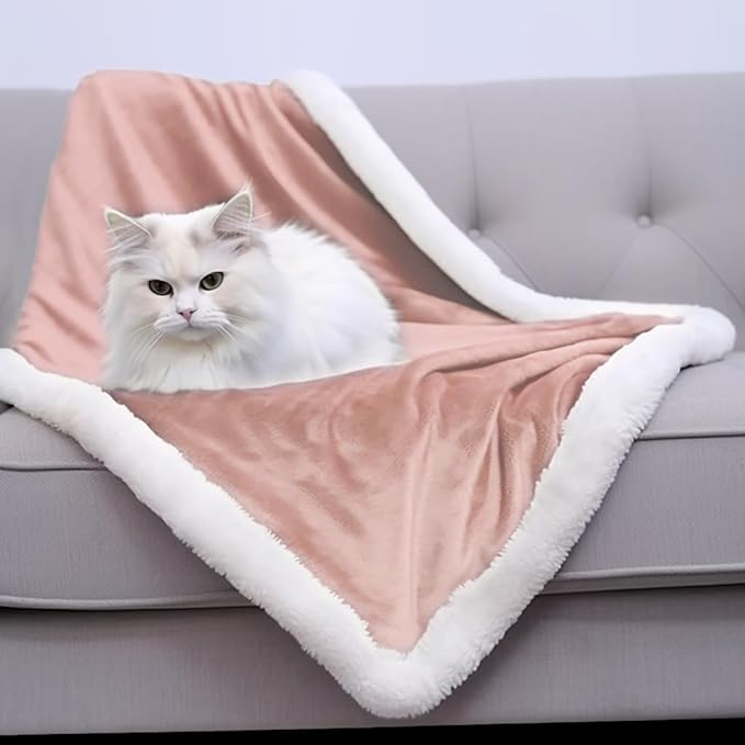 Waterproof Cat Blanket, Cozy Blanket Waterproof Couch Cover for Cat & Puppies, Double-Side Sherpa Throw Blanket for Small Dogs (Pink Beige, S 25x35”)