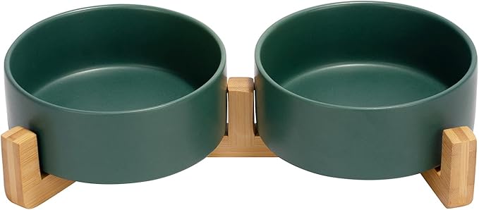 SPUNKYJUNKY Ceramic Dog and Cat Bowl with Wood Stand Non-Slip Matte Glaze Weighted Food Water Set for Cats &Small Dogs 13.5 OZ Green