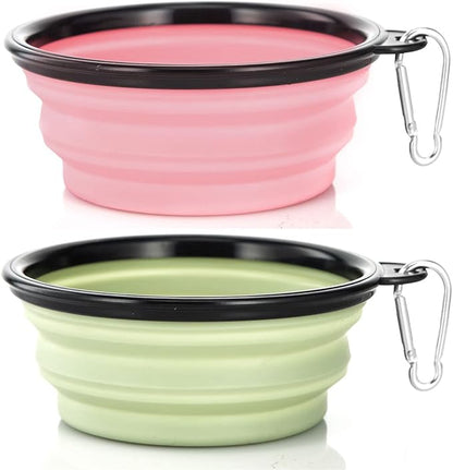 Dog Bowl Pet Collapsible Bowls, 2 Pack Collapsible Dog Water Bowls for Cats Dogs, Portable Pet Feeding Watering Dish for Walking Parking Traveling with 2 Carabiners (Small, Fairy Pink+Sprout Green)