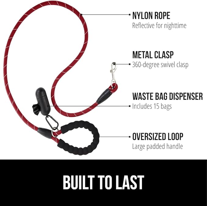 Gorilla Grip Dog Leash, Heavy Duty Reflective Rope Leashes for Large, Medium, Small Breed Dogs, Puppy Training Essential for Walks, Hikes, Soft Handle, Rotating Metal Clip, Waste Bag Dispenser, Red