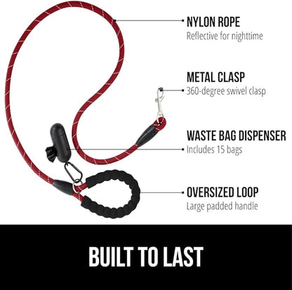 Gorilla Grip Dog Leash, Heavy Duty Reflective Rope Leashes for Large, Medium, Small Breed Dogs, Puppy Training Essential for Walks, Hikes, Soft Handle, Rotating Metal Clip, Waste Bag Dispenser, Red