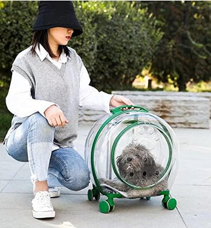 N&P Honhan Transparent Capsule Pet Travel Bag Backpack for Puppies Dogs Cat Carriers Bag with Trolley Wheel,Easy Carry for car Traveling.,Green with front opener &shoulder strap(P010)