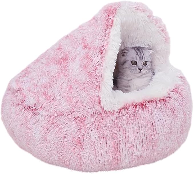 Calming Round Dog Beds &Cat Cave Bed with Hooded Cover 20x20inch)