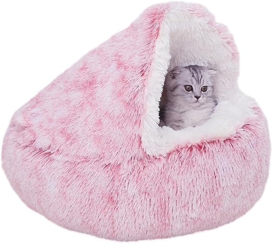 Calming Round Dog Beds &Cat Cave Bed with Hooded Cover 20x20inch)