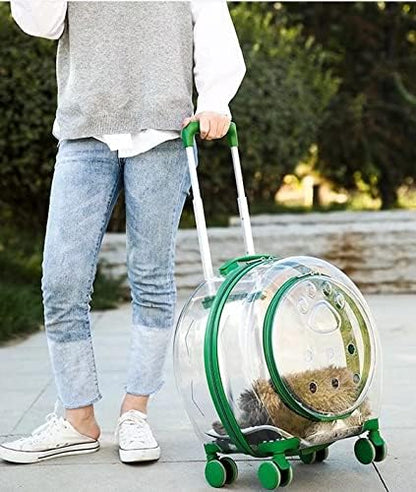 N&P Honhan Transparent Capsule Pet Travel Bag Backpack for Puppies Dogs Cat Carriers Bag with Trolley Wheel,Easy Carry for car Traveling.,Green with front opener &shoulder strap(P010)