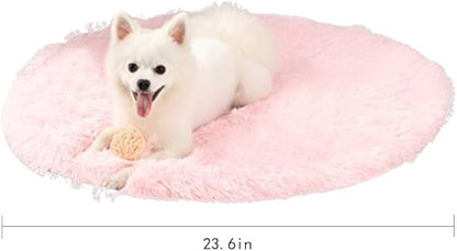 24 Inch Plush Dog Bed Mat Warm Fluffy Round Puppy Crate Pad with Anti-Slip Waterproof Bottom Soft Comfy Pet Kennel Mat for Small and Medium Dogs Sleeping(Light Pink)