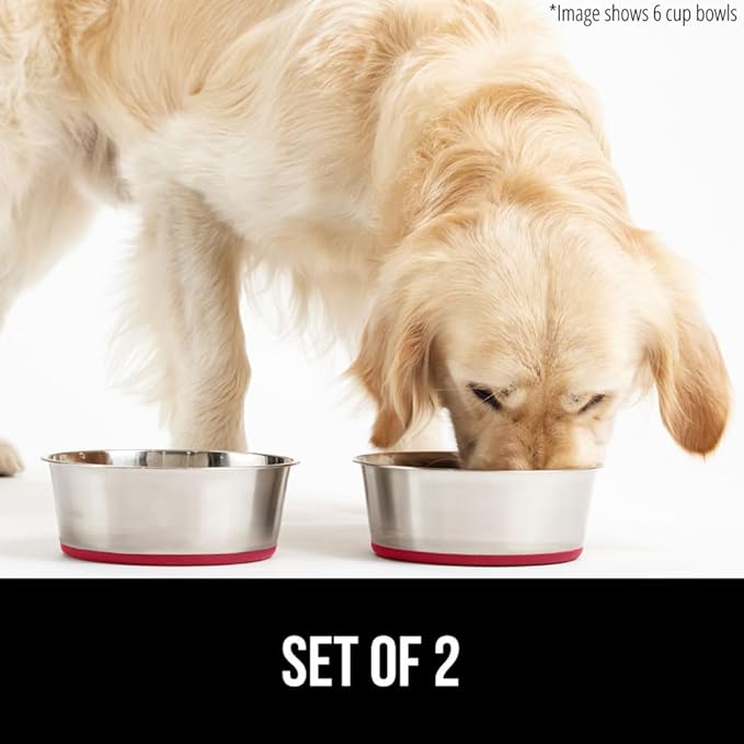 Gorilla Grip Stainless Steel Metal Dog Bowl Set of 2, Rubber Base, Heavy Duty Feeding Dishes, Food Grade BPA Free, Less Sliding, Quiet Pet Bowls for Cats and Dogs, Holds 2 Cups (16 fl oz), Red