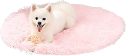 31 Inch Plush Dog Bed Mat Warm Fluffy Round Puppy Crate Pad with Anti-Slip Waterproof Bottom Soft Comfy Pet Kennel Mat for Small and Medium Dogs Sleeping(Light Pink)