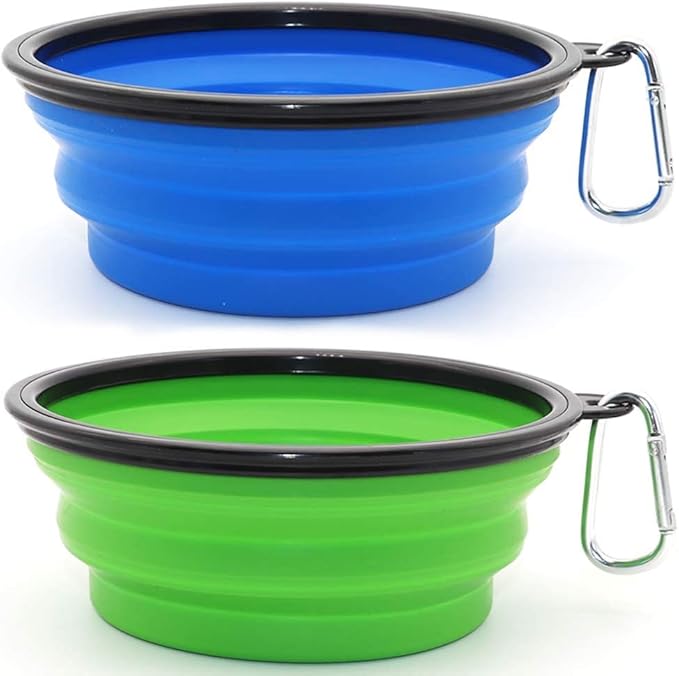 Collapsible Bowls, 2 Pack Water Bowls for Cats Dogs, Portable Pet Feeding Watering Dish for Walking Parking Traveling with 2 Carabiners (Large, Blue+Green)