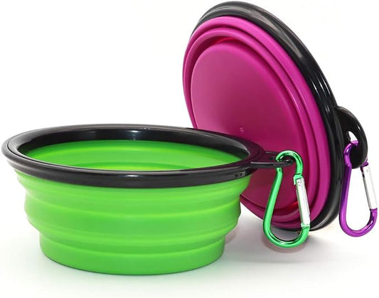 Dog Bowl Pet Collapsible Bowls, 2 Pack Collapsible Dog Water Bowls for Cats Dogs, Portable Pet Feeding Watering Dish for Walking Parking Traveling with 2 Carabiners (Small, Green+Purple)