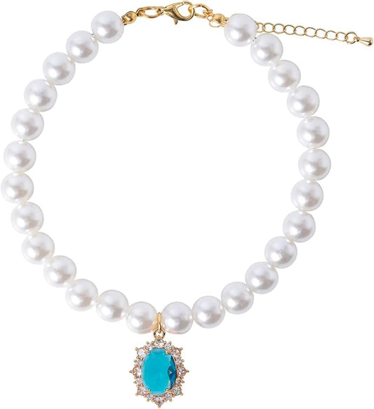 Pearl Dog Collar Elegant Oval Crystal Rhinestone Necklace Pet Jewelry for Cats Small Dogs Puppy Yorkie Chihuahua Cat Wedding Collar (Blue