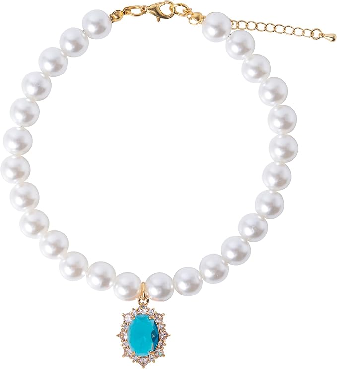 Pearl Dog Collar Elegant Oval Crystal Rhinestone Necklace Pet Jewelry for Cats Small Dogs Puppy Yorkie Chihuahua Cat Wedding Collar (Blue
