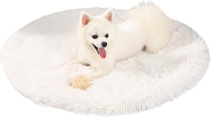 31 Inch Plush Dog Bed Mat Warm Fluffy Round Puppy Crate Pad with Anti-Slip Waterproof Bottom Soft Comfy Pet Kennel Mat for Small and Medium Dogs Sleeping(White)