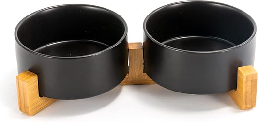 SPUNKYJUNKY Ceramic Dog and Cat Bowl Set with Wooden Stand, Modern Cute Weighted Food Water Set for Large Size Dogs (7.6 Cups, 2 × Black)