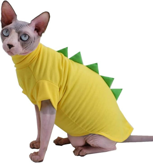 Dinosaur Design Sphynx Hairless Cat Clothes Cute Breathable Summer Cotton Shirts Cat Costume Pet Clothes (4-5.5 lbs),