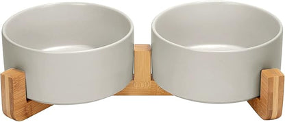 SPUNKYJUNKY Ceramic Dog and Cat Bowl Set with Wooden Stand, Modern Cute Weighted Food Water Set for Large Size Dogs (7.6 Cups, 2 × Grey)