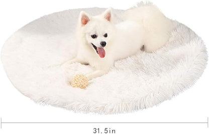 31 Inch Plush Dog Bed Mat Warm Fluffy Round Puppy Crate Pad with Anti-Slip Waterproof Bottom Soft Comfy Pet Kennel Mat for Small and Medium Dogs Sleeping(White)