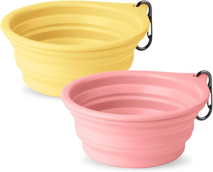 Dog Bowl Travel Collapsible Bowls 2 Pack, Portable Foldable Cats Dogs Water Dish Puppy Bowl (Pink1775 + Yellow1205)