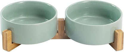 SPUNKYJUNKY Ceramic Dog and Cat Bowl Set with Wooden Stand, Modern Cute Weighted Food Water Set for Small Size Dogs (13.5OZ) & Medium Sized Dogs (28.7OZ) & Cats (1.7 Cups, 2 × Light Green)