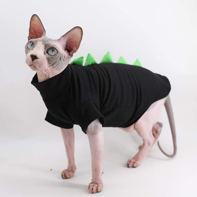 Dinosaur Design Sphynx Hairless Cat Clothes Cute Breathable Summer Cotton Shirts Cat Costume Pet Clothes (9-12.1 lbs),