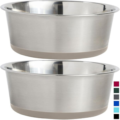 Gorilla Grip Stainless Steel Metal Dog Bowl Set of 2, Rubber Base, Heavy Duty Feeding Dishes, Food Grade BPA Free, Less Sliding, Quiet Pet Bowls for Cats and Dogs, Holds 2 Cups (16 fl oz), Beige