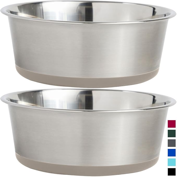 Gorilla Grip Stainless Steel Metal Dog Bowl Set of 2, Rubber Base, Heavy Duty Feeding Dishes, Food Grade BPA Free, Less Sliding, Quiet Pet Bowls for Cats and Dogs, Holds 6 Cups (48 fl oz), Beige