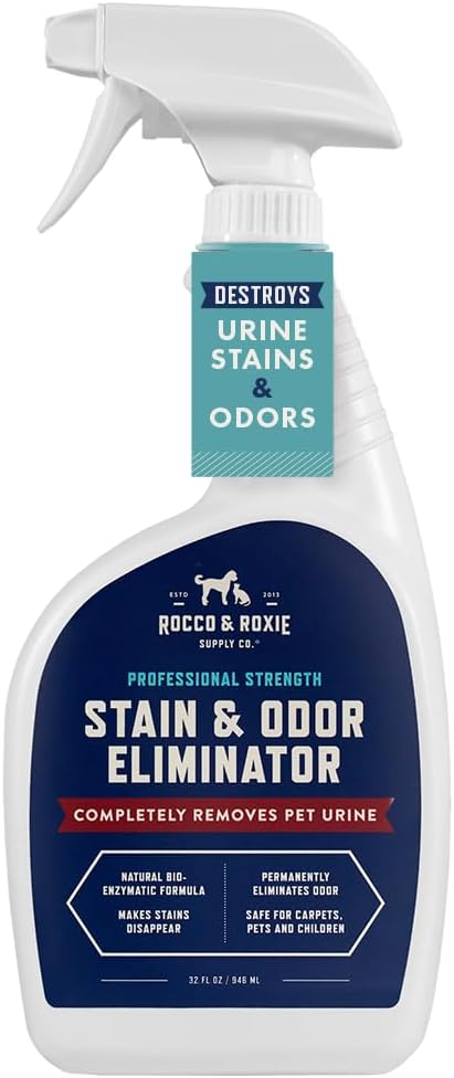 Rocco & Roxie Supply Co. Stain & Odor Eliminator for Strong Odor, 32oz Enzyme Pet Odor Eliminator for Home, Carpet Stain Remover for Cats & Dog Pee, Enzymatic Cat Urine Destroyer, Carpet Cleaner Spray