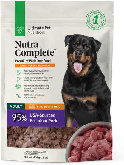 ULTIMATE PET NUTRITION Nutra Complete Raw Freeze Dried Dog Food, Veterinarian Formulated with Antioxidants, Prebiotics & Amino Acids (1 Pound, Pork)