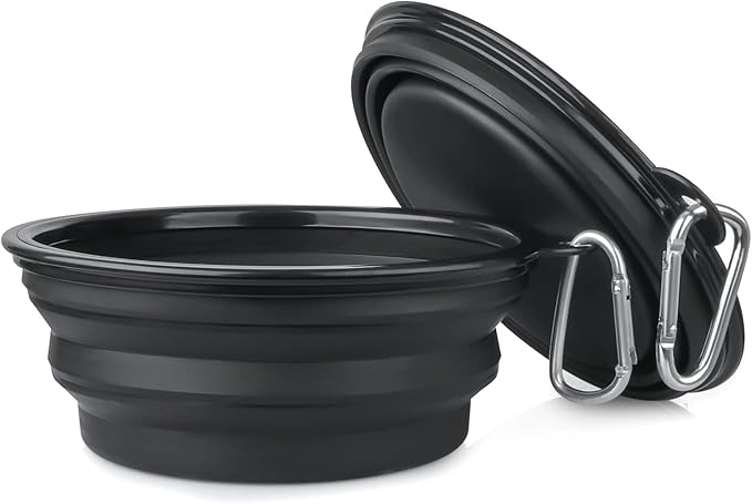 Dog Bowl Pet Collapsible Bowls, 2 Pack Collapsible Dog Water Bowls for Cats Dogs, Portable Pet Feeding Watering Dish for Walking Parking Traveling with 2 Carabiners (Large, Black+Black)