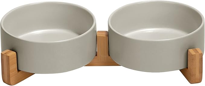 SPUNKYJUNKY Ceramic Dog and Cat Bowl with Wood Stand Non-Slip Matte Glaze Weighted Food Water Set for Cats &Small Dogs 13.5OZ