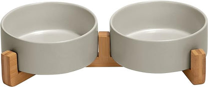 SPUNKYJUNKY Ceramic Dog and Cat Bowl with Wood Stand Non-Slip Matte Glaze Weighted Food Water Set for Cats &Small Dogs 13.5OZ