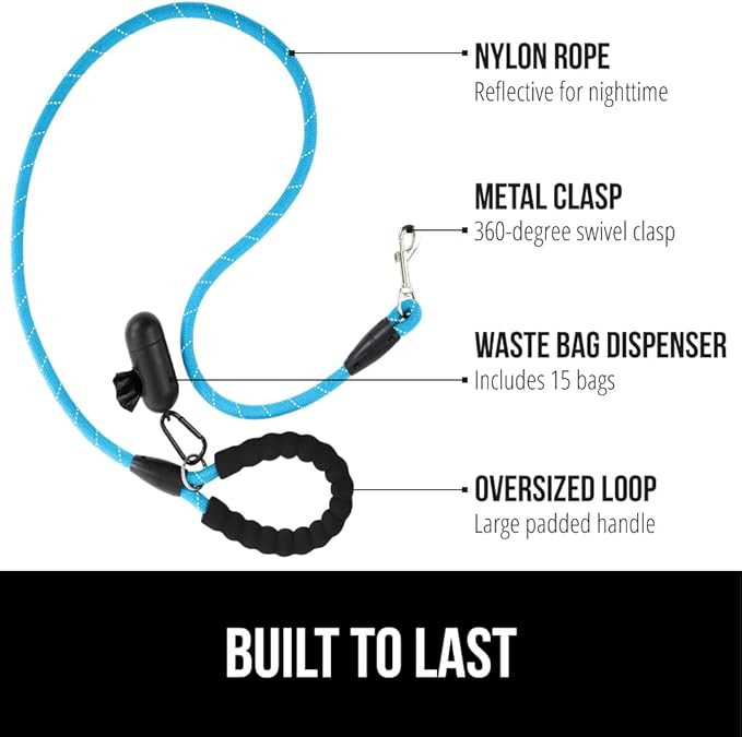 Gorilla Grip Dog Leash, Heavy Duty Reflective Rope Leashes for Large, Medium, Small Breed Dogs, Puppy Training Essential for Walks, Hikes, Soft Handle, Rotating Metal Clip, Waste Bag Dispenser, Blue