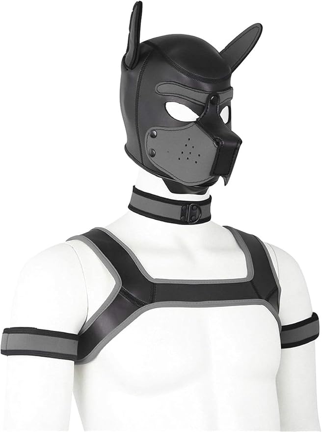 4 Sets Neoprene Puppy Hood Animal Head Mask Novelty Costume Dog (Hood Mask + Collar + Armband + Harness) (X-Large, Gray)