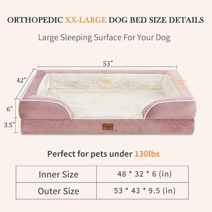 XXL Orthopedic Dog Bed, Waterproof Orthopedic Foam Extra Large Dog Beds, Washable Dog Sofa Bed with Removable Cover & Non-Slip Bottom(XX-Large,Pink)