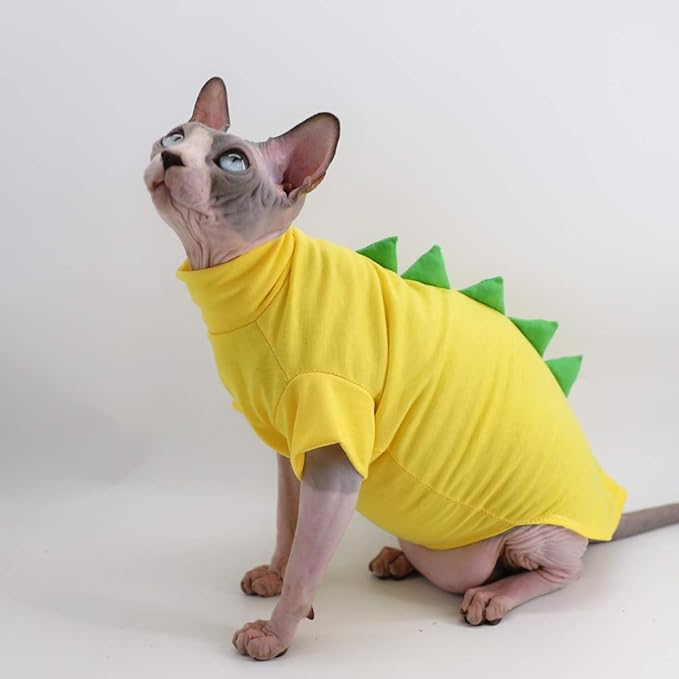 Dinosaur Design Sphynx Hairless Cat Clothes Cute Breathable Summer Cotton Shirts Cat Costume Pet Clothes (9-12.1 lbs),