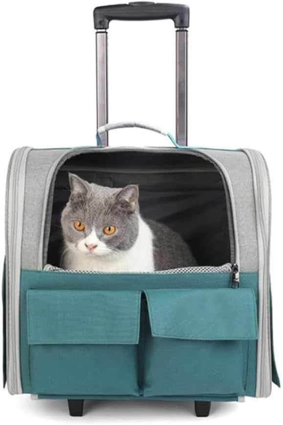 Cat Carrier Backpack with Wheels - Lightweight Breathable Small Dog Bag Trolley Case with Wheels Pet Bag for Airplane Travel Camping Hiking Outdoor Use