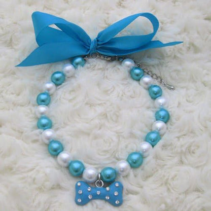 Fancy Diamond Pearl Dog Necklace Collar Jewelry with Bling Rhinestones Bone Charm for Pets Cats Small Dogs Girl Teacup Chihuahua Yorkie Clothes Costume Outfits Accessories