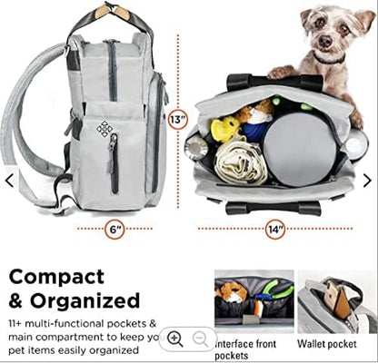 Dog Travel Bag - Dog Backpack Organizer - Pet Travel Kit Airline Compliant - Includes Large Pad, Food Canister and Bowls (Gray, Paw Prints)