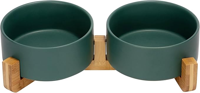 SPUNKYJUNKY Ceramic Dog and Cat Bowl Set with Wooden Stand, Modern Cute Weighted Food Water Set for Large Size Dogs (7.6 Cups, 2 × Green)