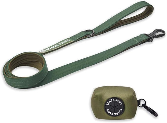 Spark Paws Premium Dog Leash & Poop Bag Set - Heavy-Duty Alloy Hook for Strong Pulling Breeds - Comfortable, Durable & Secure - Green