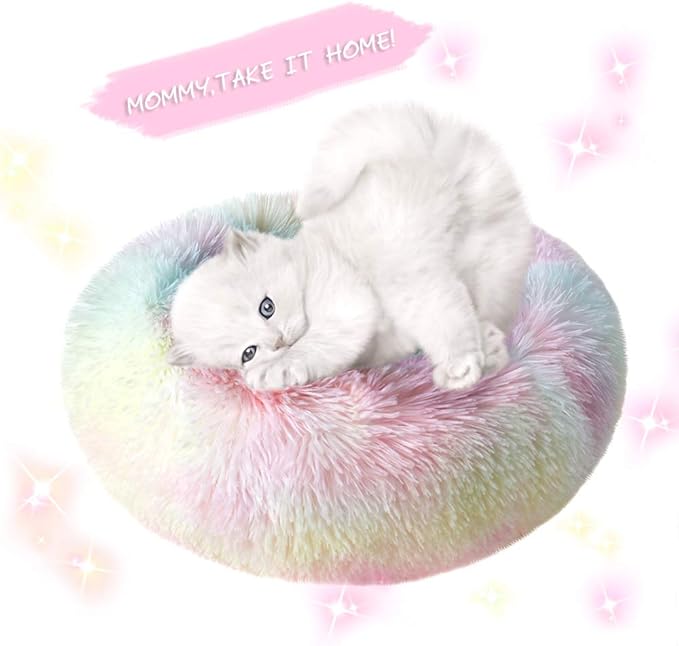 otoez Kitten Puppy Bed Extra Small XS Round Dog Cat Beds Anti Anxiety Plush Pet Calming Donut Bed with Non-Slip Waterproof Bottom (15.7", Rainbow)