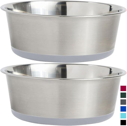 Gorilla Grip Stainless Steel Metal Dog Bowl Set of 2, Rubber Base, Heavy Duty Feeding Dishes, Food Grade BPA Free, Less Sliding, Quiet Pet Bowls for Cats and Dogs, Holds 8 Cups (64 fl oz), Lt Gray