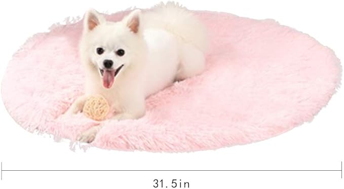 31 Inch Plush Dog Bed Mat Warm Fluffy Round Puppy Crate Pad with Anti-Slip Waterproof Bottom Soft Comfy Pet Kennel Mat for Small and Medium Dogs Sleeping(Light Pink)