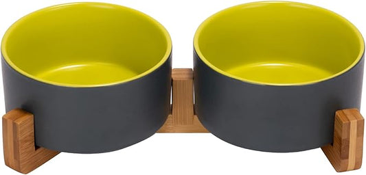 SPUNKYJUNKY Ceramic Dog and Cat Bowl Set with Wooden Stand, Modern Cute Weighted Food Water Set for Small Size Dogs (13.5OZ) & Medium Sized Dogs (28.7OZ) & Cats (3.6 Cups, 2 × Yellow-Grey)